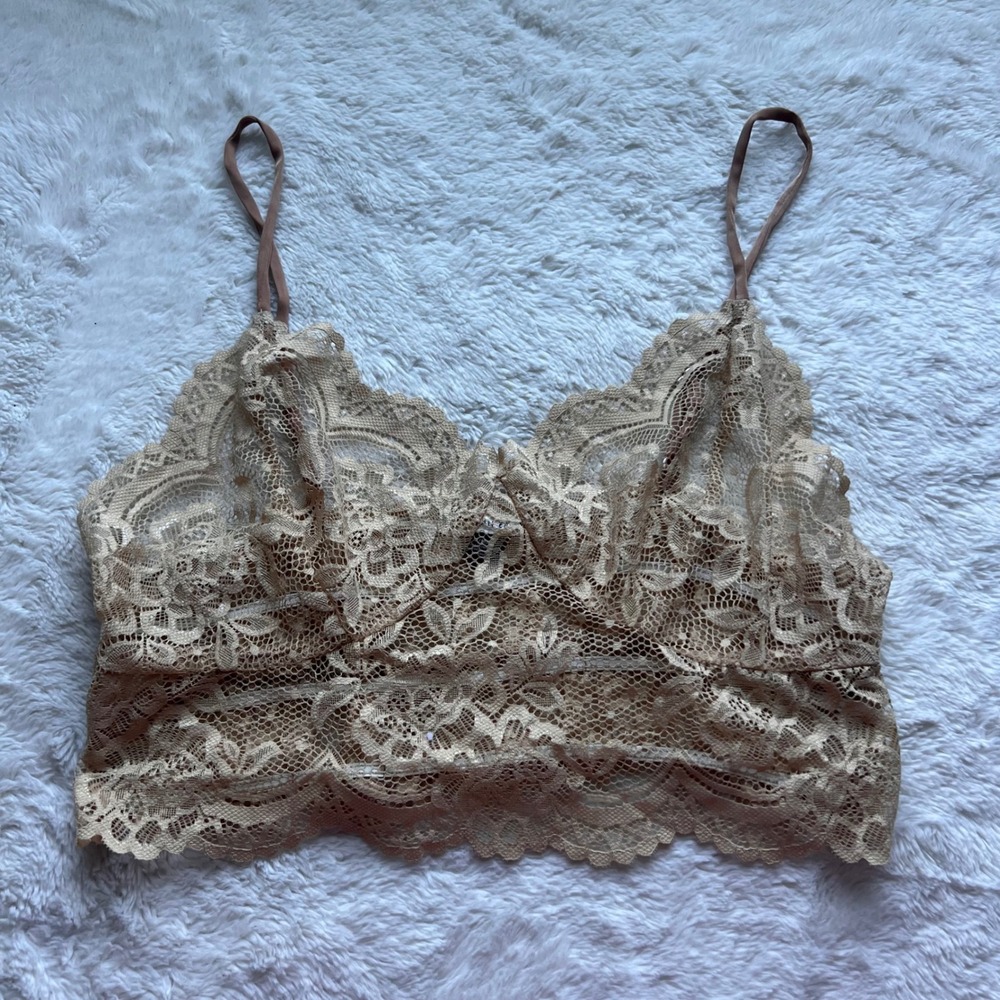 American Eagle Women Tan Floral Lace Bralette Adjustable Straps Smocked Back M